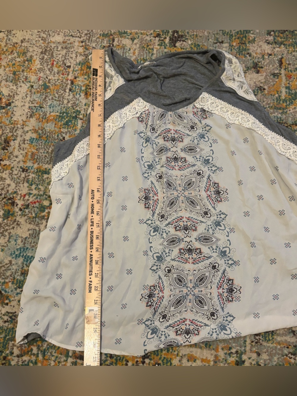 Maurices Light Blue Printed Tank with Lace Trim
